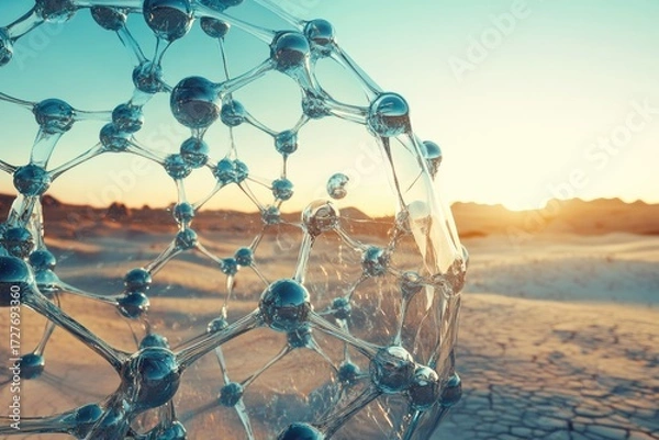 Fototapeta A molecular structure, possibly water, floats against a desert sunset, symbolizing scientific innovation and the quest for solutions in arid environments.