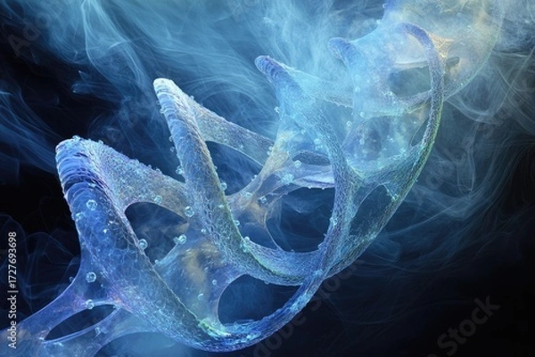 Fototapeta Abstract artistic rendering of DNA double helix structure, ethereal and translucent, with blue hues and smoke-like background.