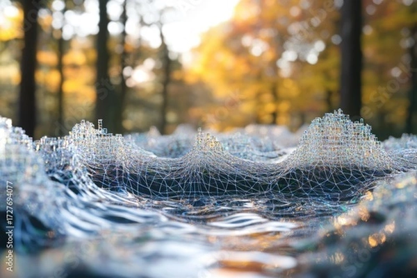 Fototapeta Abstract digital landscape resembling a web draped over water, set against a blurred autumnal forest backdrop.