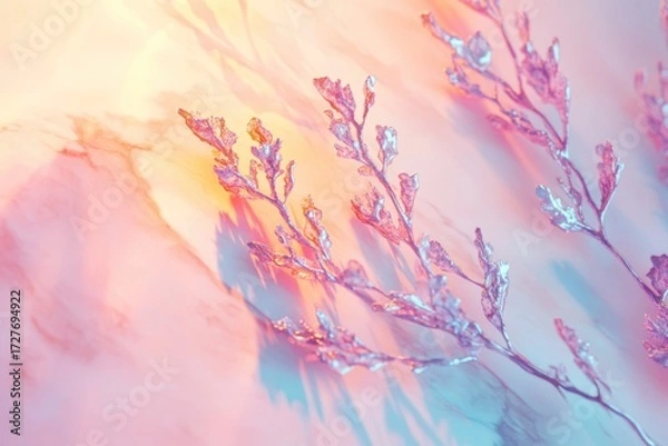 Fototapeta Delicate silver branches cast pastel shadows on a marble background, creating a soft, dreamy aesthetic.