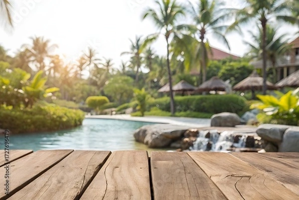 Fototapeta Wooden Deck Overlooking Tropical Resort Pool with Palm Trees planks floor