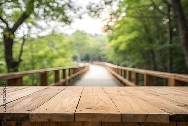 Fototapeta Wooden Table Foreground With Green Forest Boardwalk Background image photo