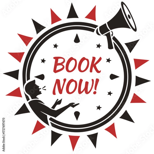 Fototapeta Circular announcement badge with book now text call
