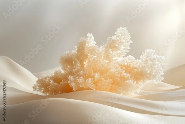 Fototapeta A delicate, light beige crystalline structure resembles coral, resting on soft, flowing fabric.