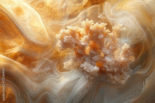 Fototapeta Abstract image of coral-like structure amidst swirling, translucent, golden-brown fluid.