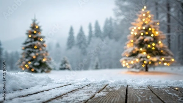 Fototapeta Wooden Table Surface in Snowy Landscape with Illuminated Christmas Trees wood surface