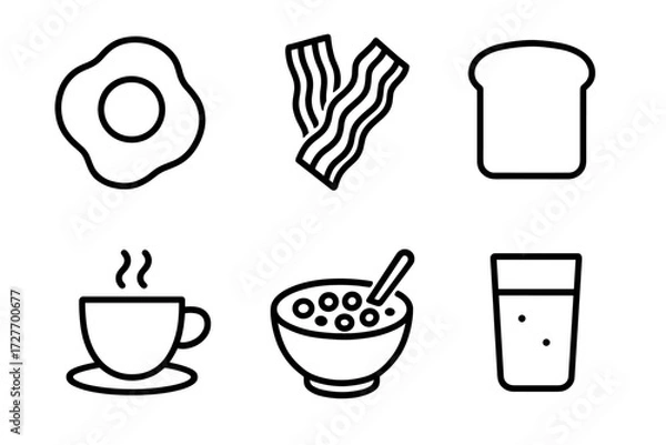 Fototapeta Breakfast icons: egg, bacon, toast, coffee, cereal, juice