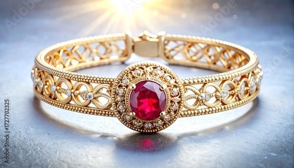 Obraz Ornate gold bracelet with red gemstone center & delicate diamond accents on gray surface