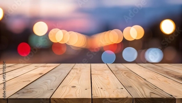 Fototapeta Wooden Table with City Lights Bokeh Background at Dusk tabletop wood planks