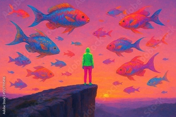 Fototapeta A surreal landscape featuring a person in a vibrant neon suit (orange-blue) standing on a cliff's edge, surrounded by colorful tropical fish floating in the air as if underwater. The 