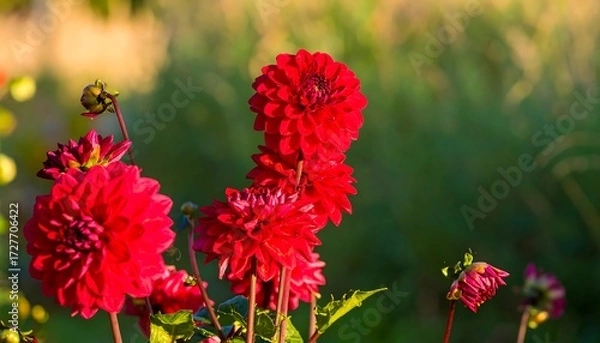 Fototapeta Deep red dahlias bloom in soft sunlight, showcasing their intricate layered petals
