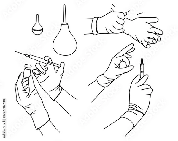Fototapeta A set of hand-drawn line art of a hand with a syringe, enemas, hands in rubber medical gloves.