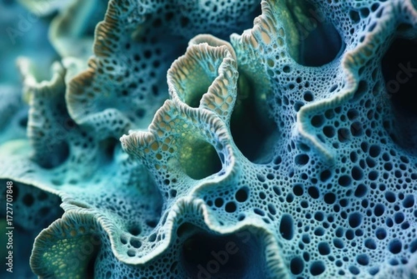 Fototapeta Intricate, teal-colored, porous structure resembling coral or a fractal pattern.