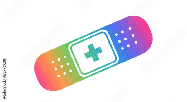 Fototapeta A colorful rainbow gradient adhesive bandage with a green medical cross symbol.