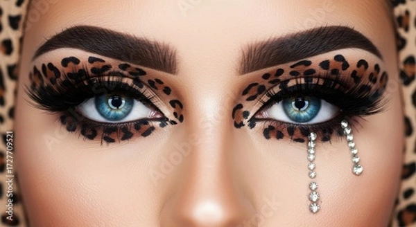 Fototapeta Glamorous eyes with leopard print makeup and rhinestone tears for a bold look