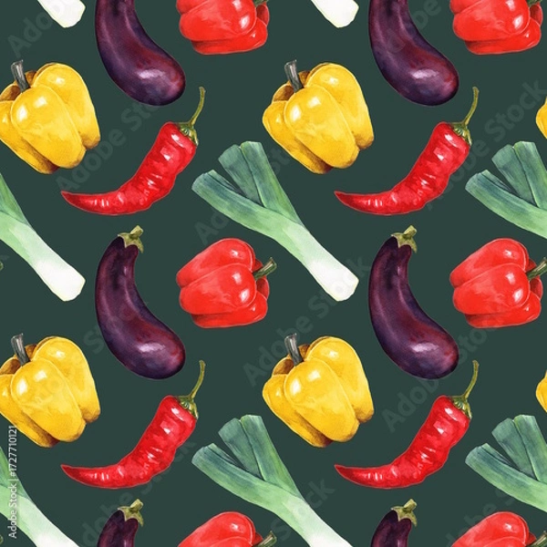 Fototapeta Seamless watercolor pattern with fresh eggplants, bell peppers, chili peppers, and leeks on deep dark green background