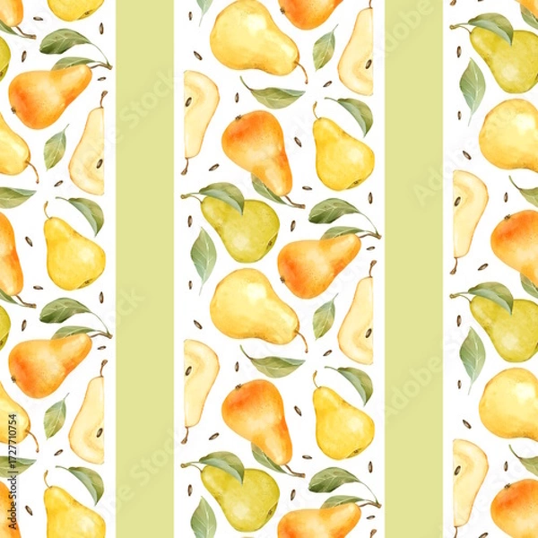 Fototapeta Hand-drawn illustration of a seamless pattern with whole and halved pears, leaves, and vertical striped sections