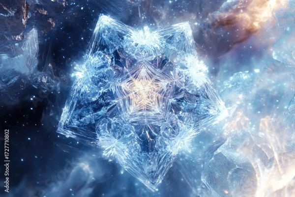 Fototapeta A mesmerizing, crystalline snowflake with a star-like core, set against a cosmic backdrop of swirling nebulae and stardust.