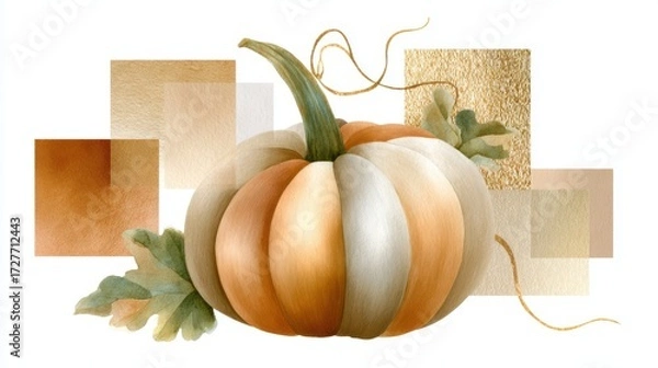 Fototapeta Minimalist digital pumpkin collage created with geometric abstract shapes in warm beige and orange tones.