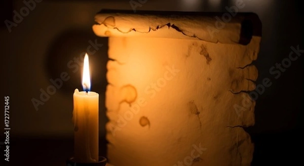 Fototapeta Old parchment with subtle stains, beside a glowing candle