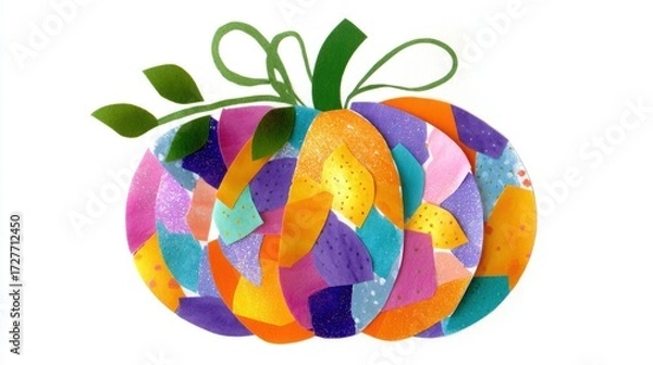 Fototapeta Playful children’s pumpkin collage made from colorful paper scraps, isolated on white for seasonal craft projects.