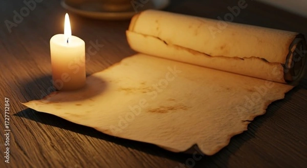 Fototapeta Old parchment and a glowing candle, creating a historic ambiance