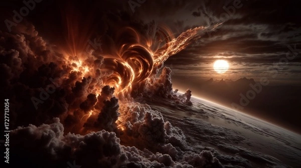 Fototapeta Epic Space Storm Over Planet Edge With Fiery Clouds And Distant Sun