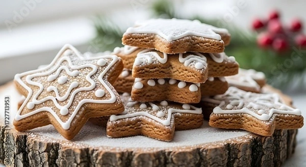 Obraz Star shaped gingerbread cookies with icing sugar on a wooden board for christmas