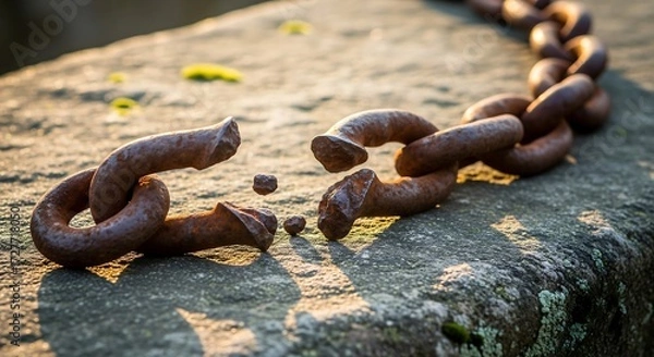 Fototapeta Rusted old chain on rough stone, representing liberation