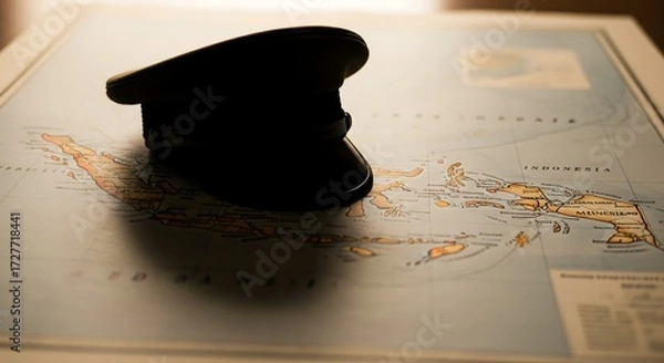 Fototapeta Vintage map of Indonesia with a soldier's cap silhouette resting on it