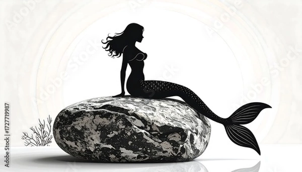 Fototapeta Mermaid silhouette sits on a gray rock, with a bright, light background