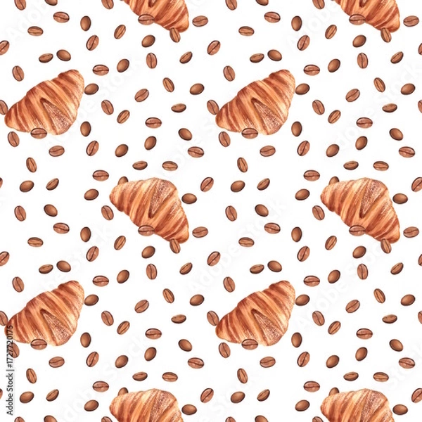 Fototapeta Seamless hand-drawn watercolor pattern with fresh croissants and coffee beans scattered on white background