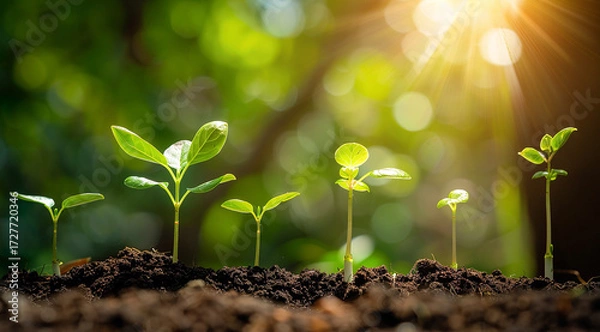 Fototapeta Green sprouts grow in soil with sunlight; depicts growth, nature, hope. Great for websites, posters, branding.