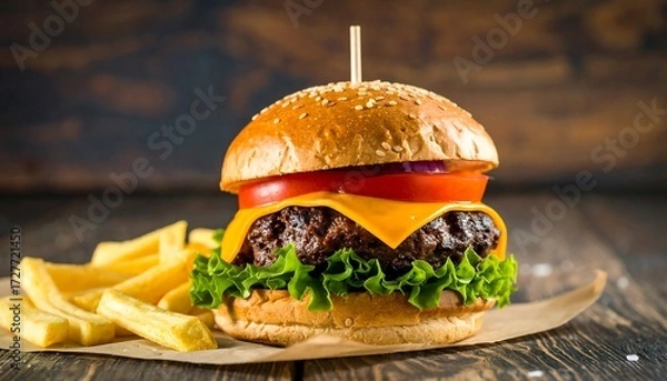 Fototapeta Mouthwatering burger with fries on paper, against a weathered wooden backdrop