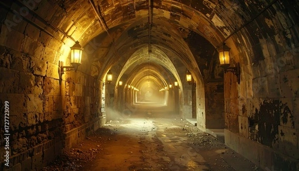 Fototapeta Lit brick tunnel with debris, curving into a hazy bright end