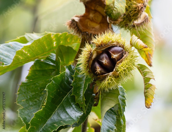 Fototapeta A spiny chestnut husk splitting open to allow chestnuts to fall to the ground
