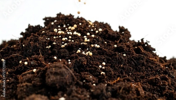 Obraz Dark, rich soil mound with small white seeds falling down, isolated against white