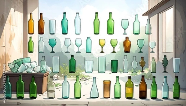 Obraz Varied collection of empty clear, green and amber glass bottles and glasses outside