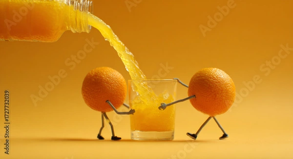 Obraz Miniature people making orange juice on yellow background