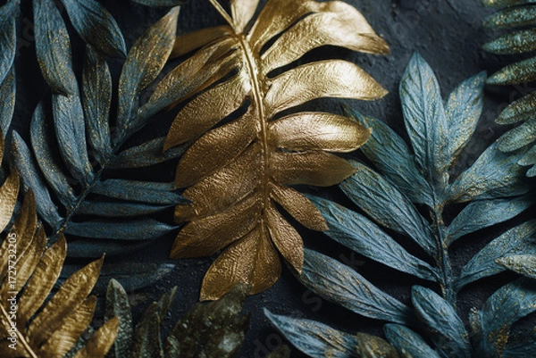 Fototapeta Elegant arrangement of golden and blue painted leaves on a dark backdrop