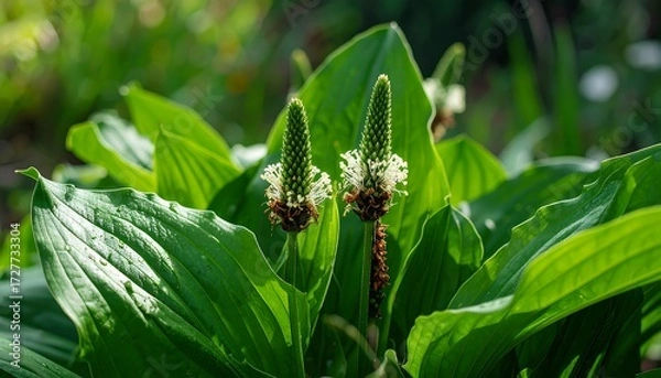 Obraz Close-up of a plant with green leaves and tall flowering stalks in natural lighting