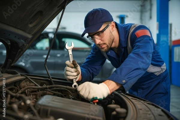 Fototapeta Mechanic wearing blue uniform and safety glasses working on a car engine with a wrench in hand
