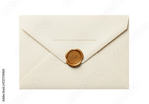 Obraz Elegant ivory envelope with gold wax seal isolated, formal stationery for invitations and correspondence