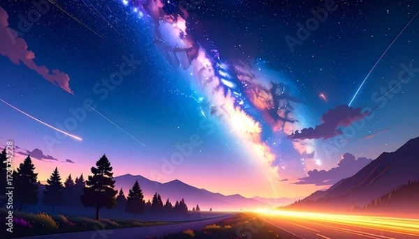 Fototapeta Starry night road landscape with colorful nebula, trees, mountains, and light trails