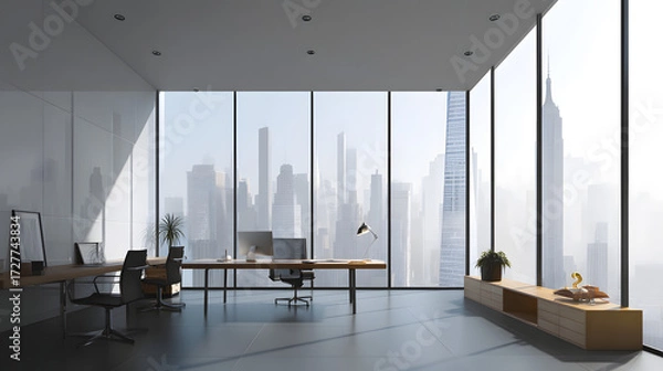 Fototapeta Modern office workspace with large windows and stunning city skyline, featuring sleek furniture and elegant decor.