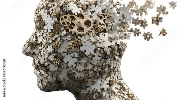 Fototapeta A conceptual representation of a human head disintegrating into puzzle pieces, symbolizing complexity and thought.