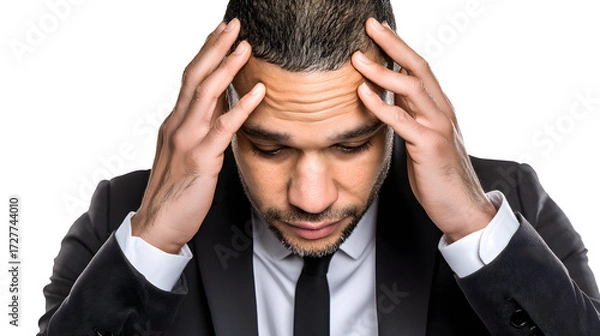 Fototapeta A stressed Hispanic man in a suit, expressing tension with his hands on his head against a white background.
