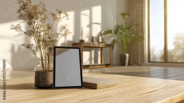 Fototapeta A serene setup featuring a tablet and an elegant vase of dried flowers on a wooden table in a bright, airy living space.