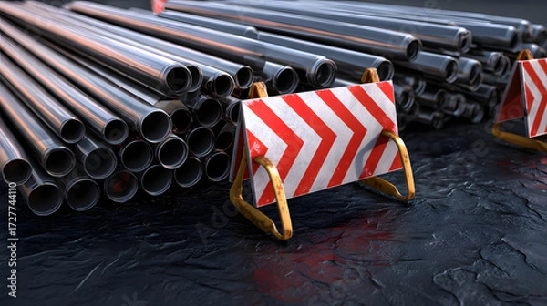 Fototapeta A stack of shiny metal pipes with caution barriers in the foreground against a textured dark surface.