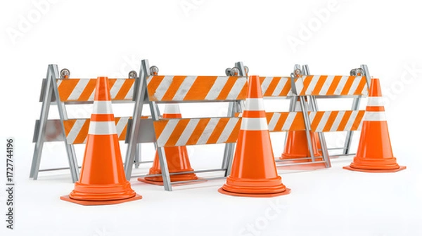 Fototapeta Traffic safety barriers and cones create a caution zone in an urban setting.